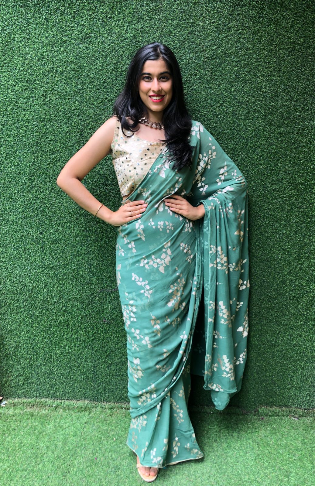 Green Trendy Foil Print Georgette Saree - Luxurion World