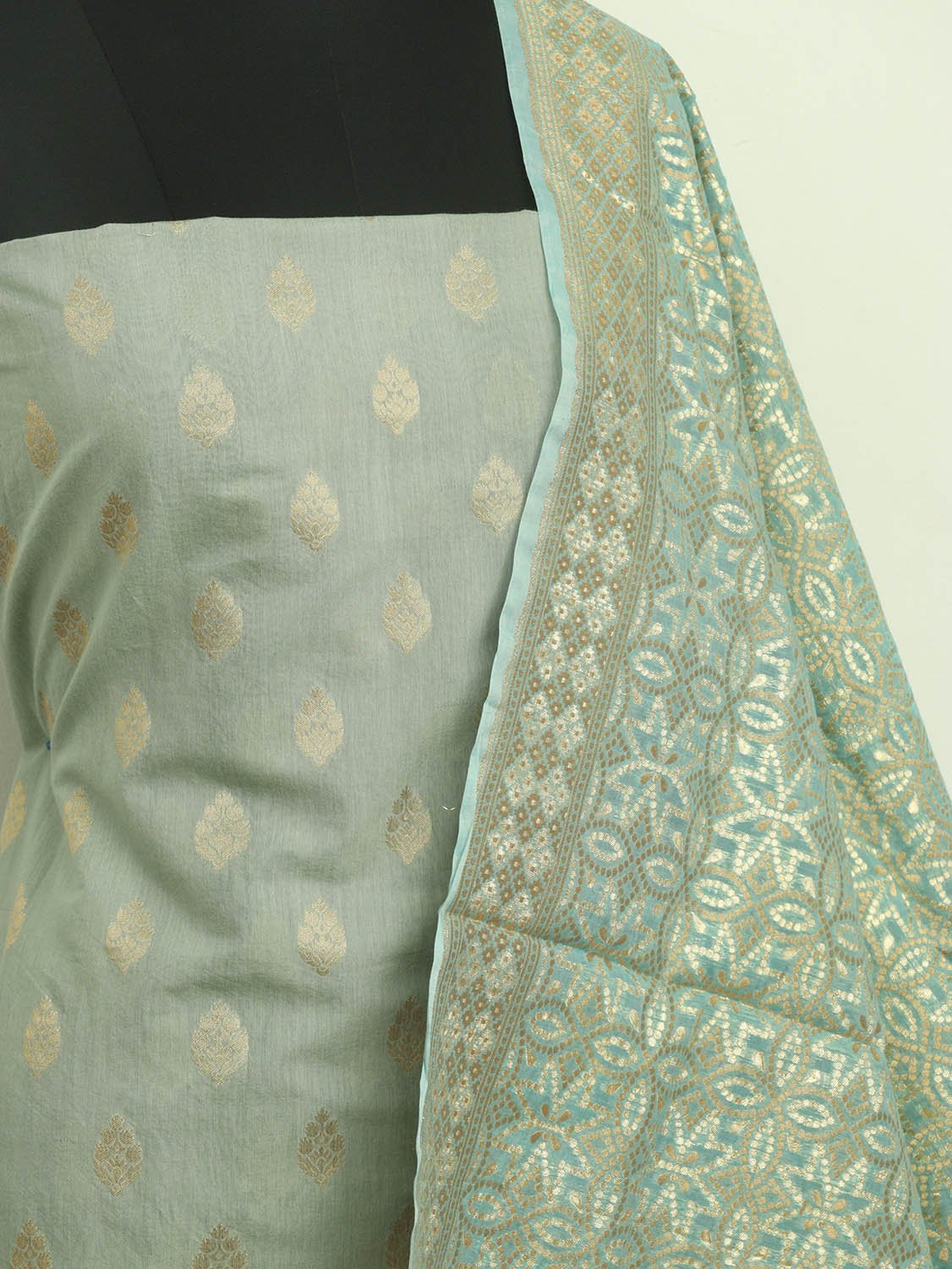 Greenish Grey Banarasi Chanderi Silk Three Piece Unstitched Suit Set - Luxurion World