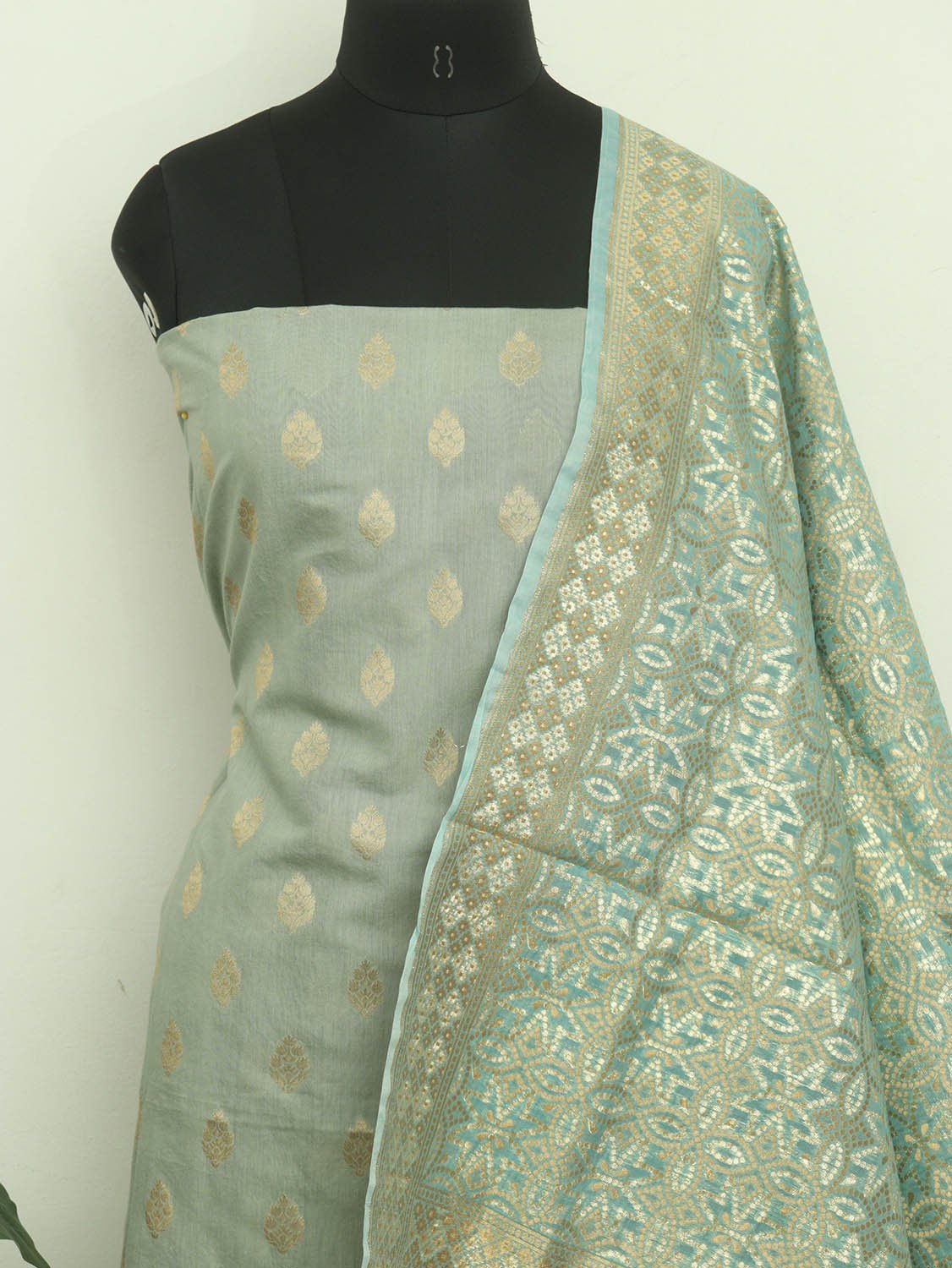 Greenish Grey Banarasi Chanderi Silk Three Piece Unstitched Suit Set - Luxurion World