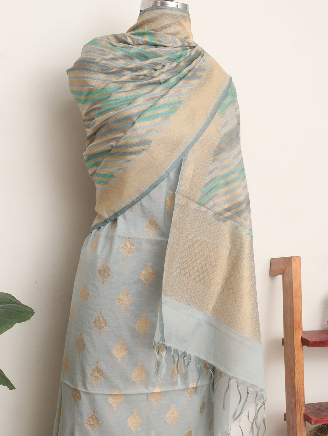 Grey Banarasi Cotton Silk Three Piece Unstitched Suit Set - Luxurion World