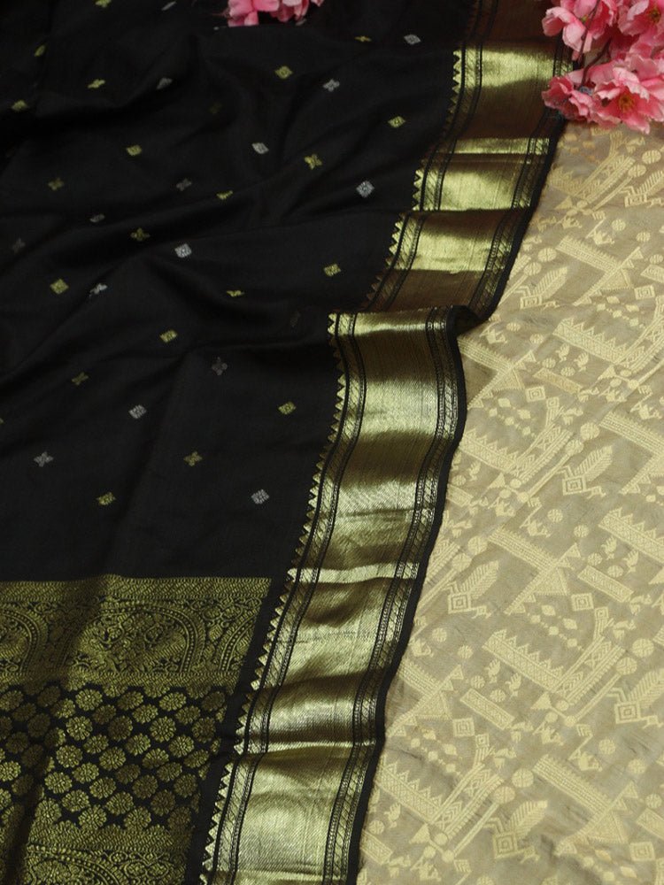 Grey Banarasi Pure Katan Silk Suit With Black Kanjeevaram Pure Silk Dupatta - Luxurion World