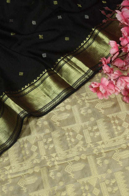 Grey Banarasi Pure Katan Silk Suit With Black Kanjeevaram Pure Silk Dupatta - Luxurion World