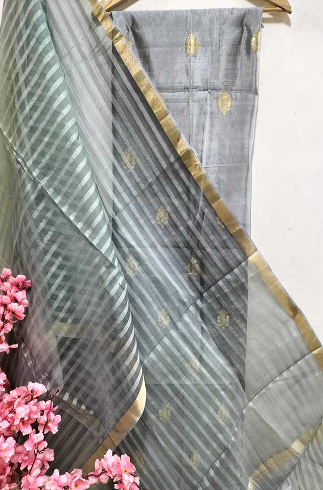 Grey Banarasi Pure Katan Silk Unstitched Suit Set With Organza Stripe Design Dupatta - Luxurion World