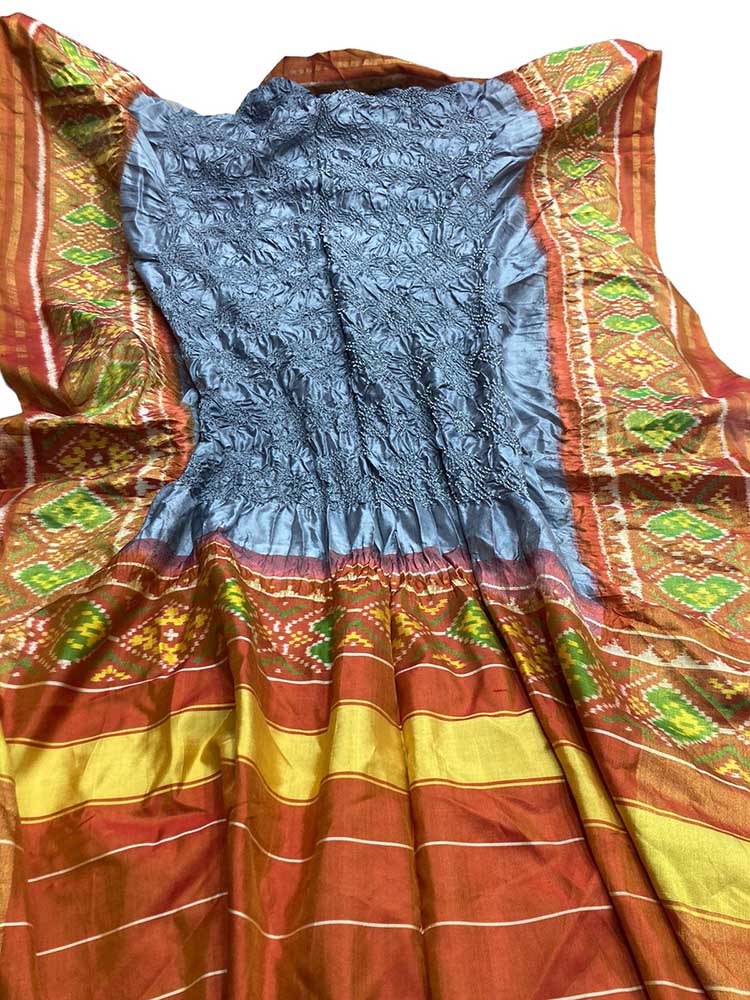 Grey Bandhani Single Ikat Patola Pure Silk Dupatta - Luxurion World