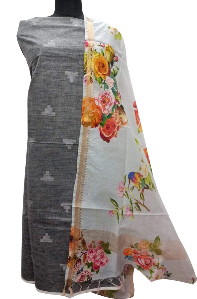 Grey Bhagalpur Linen Two Piece Unstitched Suit Set With Digital Printed Dupatta - Luxurion World