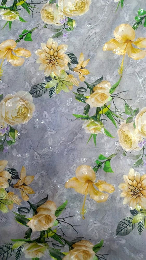 Grey Digital Printed Chikankari Cotton Sequins Work Fabric ( 1 Mtr ) - Luxurion World