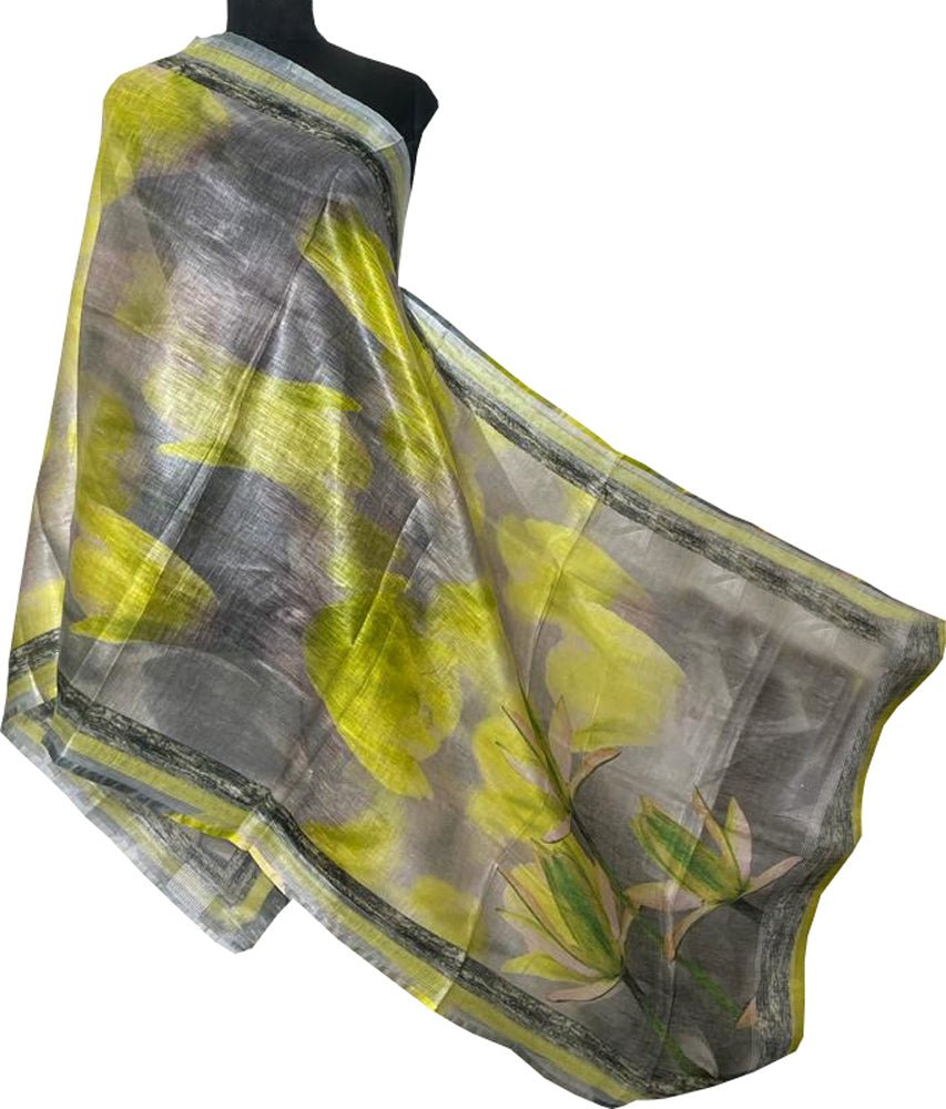 Grey Digital Printed Linen Floral Design Dupatta - Luxurion World