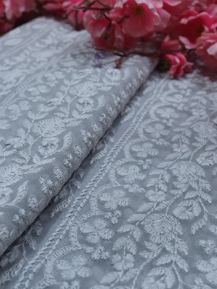 Grey Embroidered Chikankari Georgette Fabric (1 Mtr) - Luxurion World