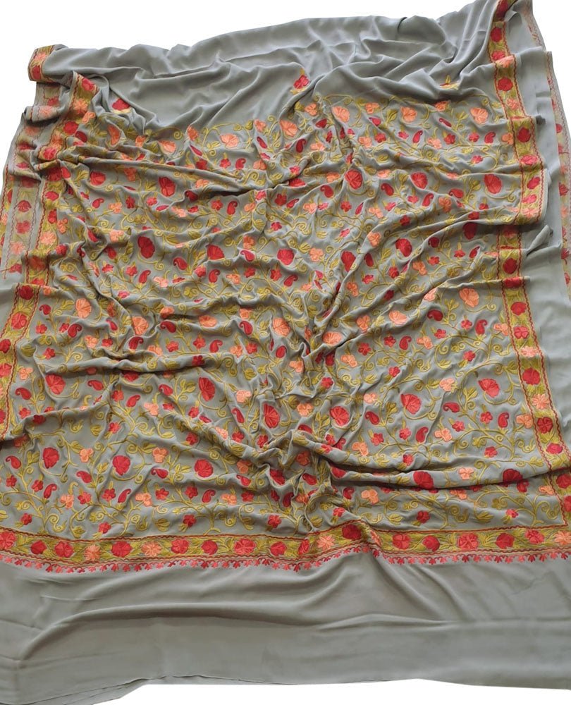 Grey Embroidered Kashmiri Aari Work Crepe Flower Design Saree - Luxurion World
