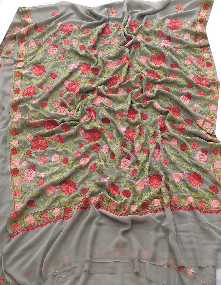 Grey Embroidered Kashmiri Aari Work Georgette Floral Design Saree - Luxurion World