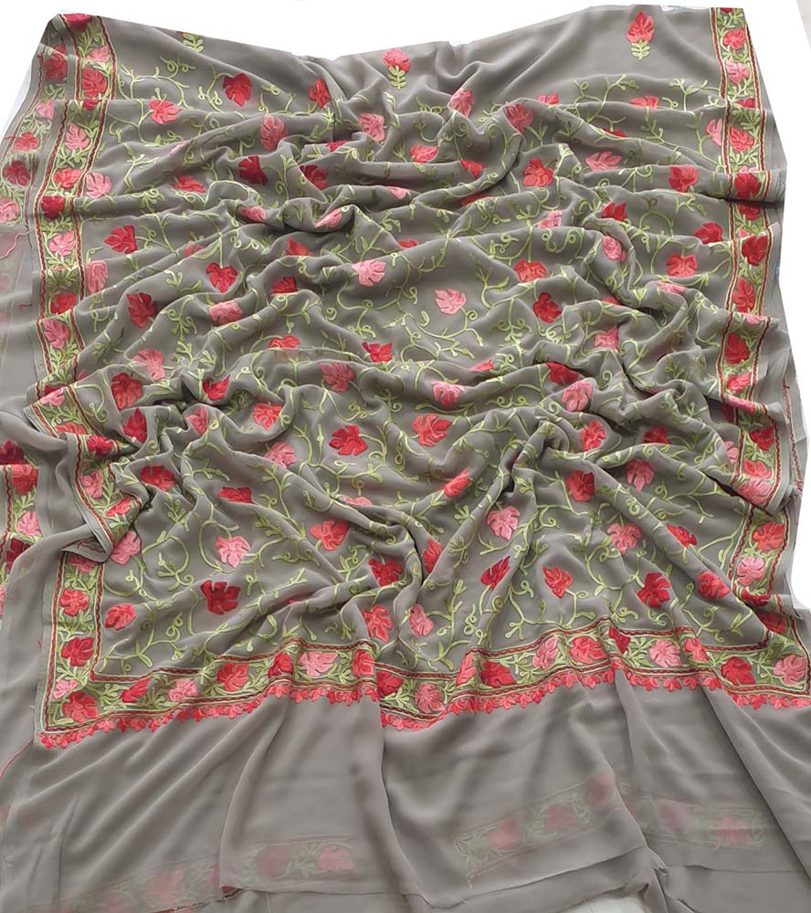 Grey Embroidered Kashmiri Aari Work Georgette Floral Design Saree - Luxurion World
