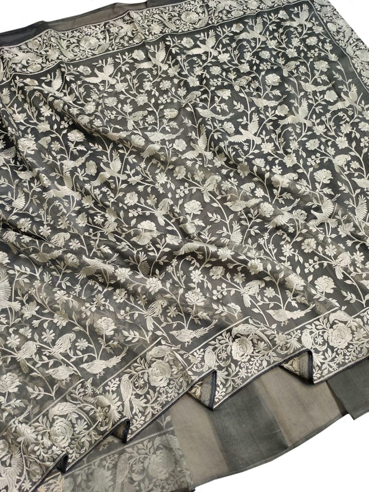 Grey Embroidered Parsi Gara Pure Organza Floral And Bird Design Saree - Luxurion World