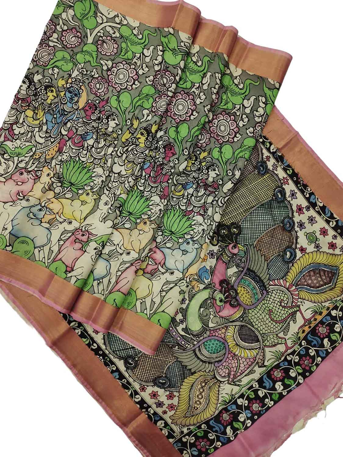 Stunning Black & White Kalamkari Hand Painted Bangalore Silk Saree - Luxurion World