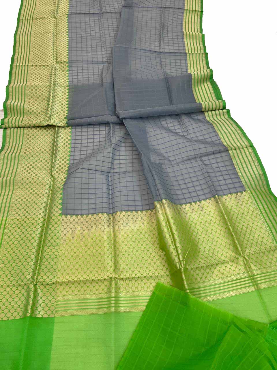 Grey Handloom Banarasi Kora Organza Silk Saree - Luxurion World