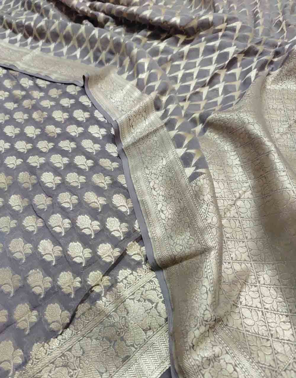 Grey Handloom Banarasi Pure Georgette Three Piece Unstitched Suit Set - Luxurion World