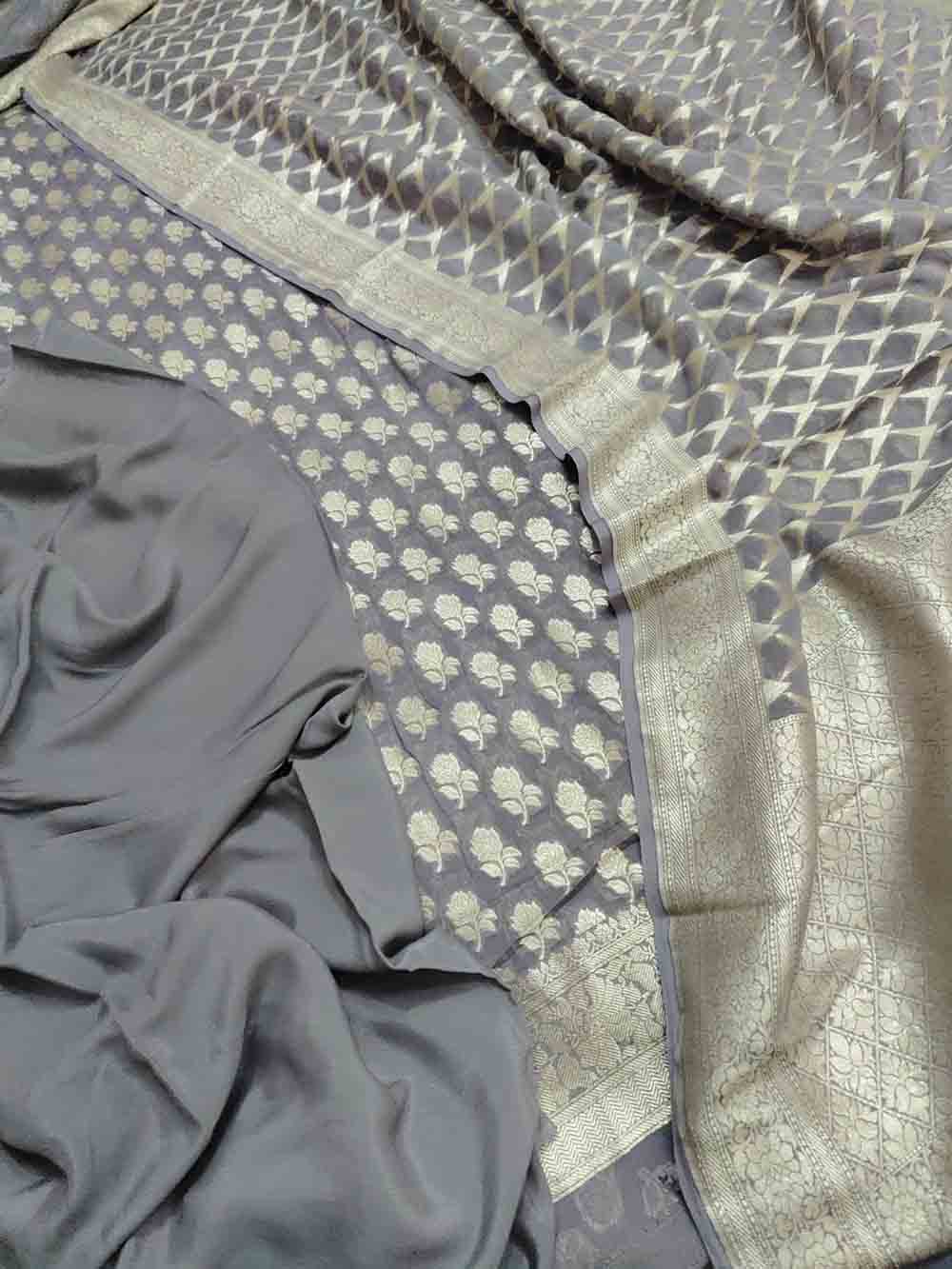 Grey Handloom Banarasi Pure Georgette Three Piece Unstitched Suit Set - Luxurion World