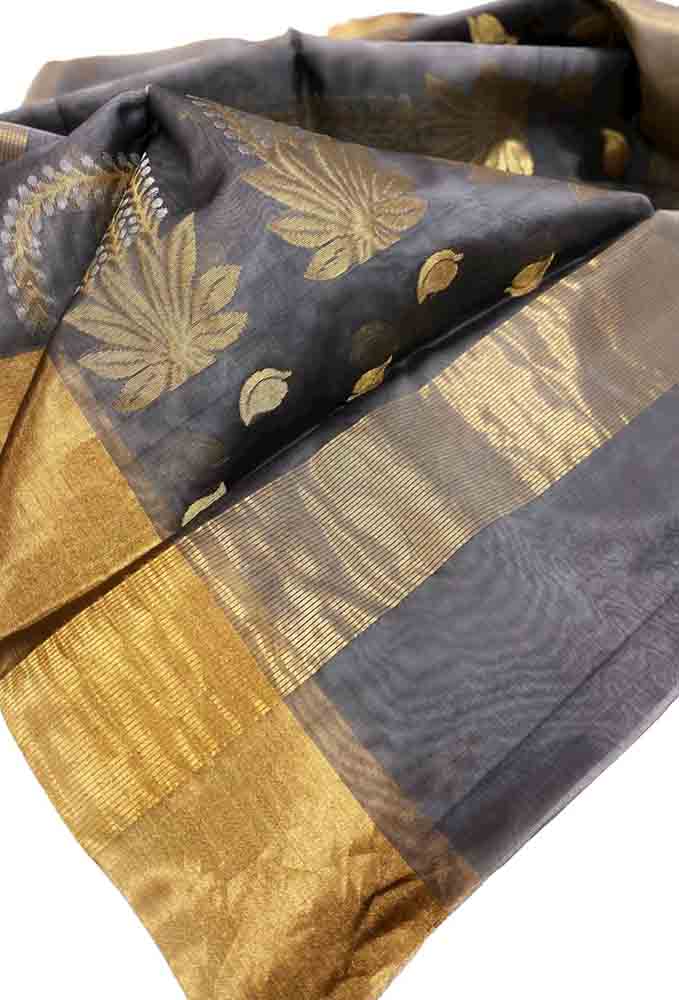 Grey Handloom Chanderi Pure Katan Organza Silk Saree - Luxurion World