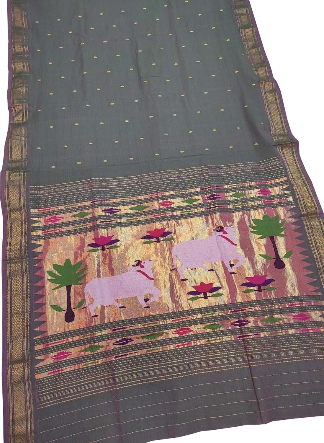 Grey Handloom Paithani Pure Cotton Cow Design Saree - Luxurion World
