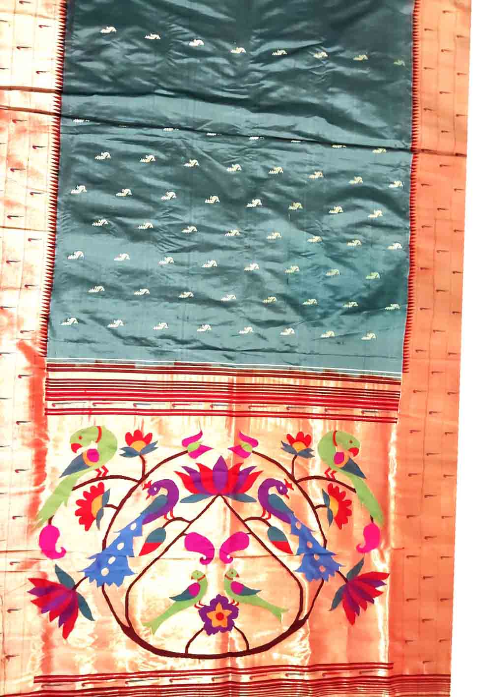 Grey Handloom Paithani Pure Silk Triple Muniya Border Peacock Design Saree - Luxurion World