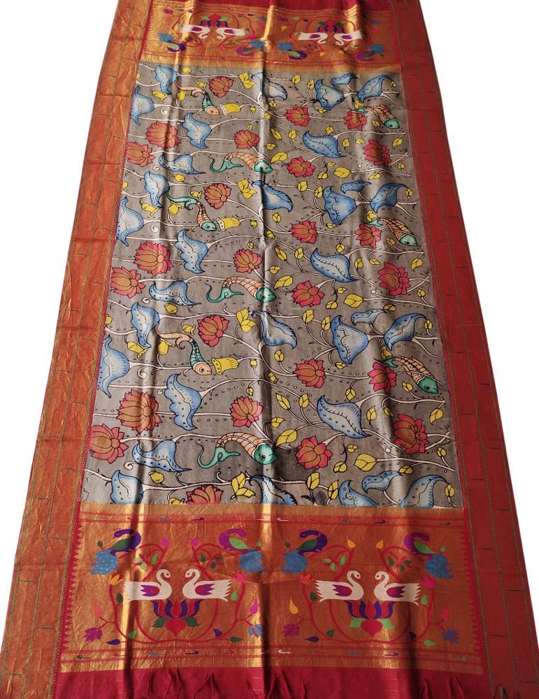 Grey Pen Kalamkari Paithani Pure Silk Muniya Border Dupatta - Luxurion World