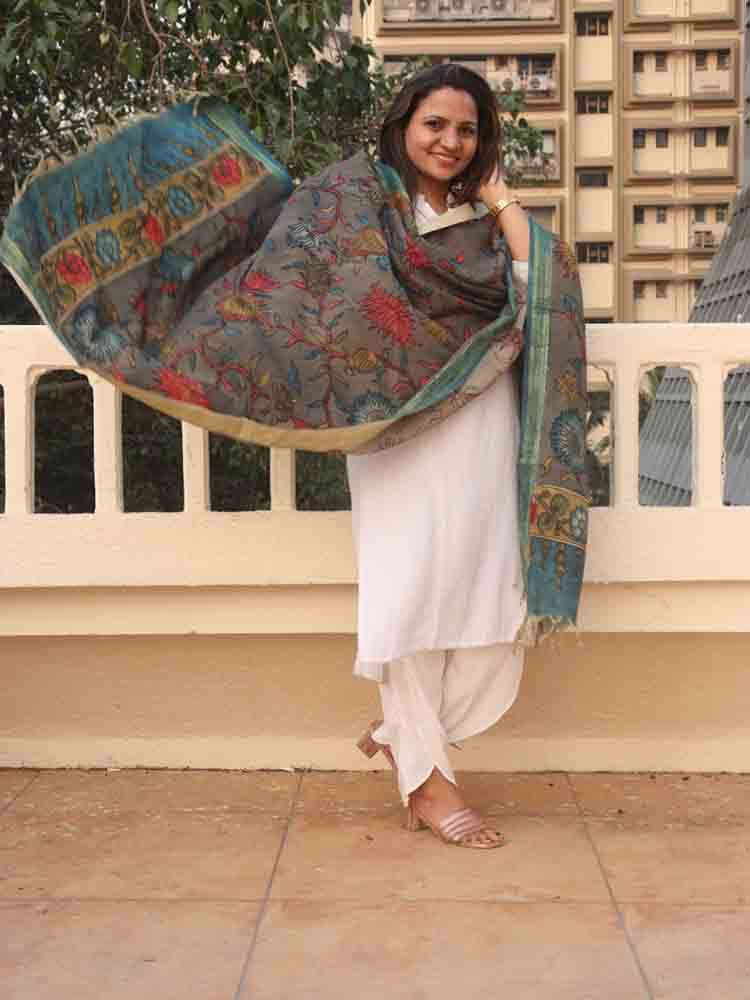 Grey Pen Kalamkari Pure Silk Dupatta - Luxurion World