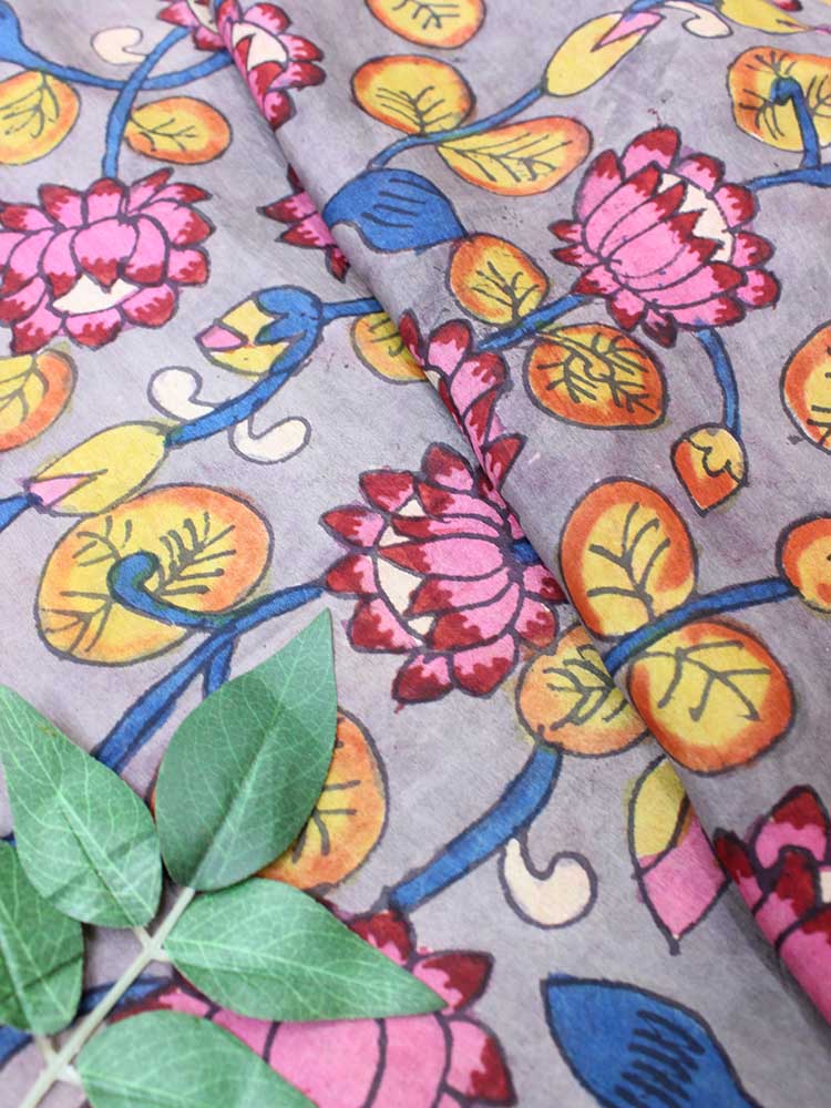 Grey Pen Kalamkari Pure Silk Fabric ( 1 Mtr ) - Luxurion World
