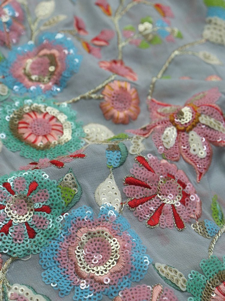 Grey Trendy Georgette Sequence Work Fabric ( 1 Mtr ) - Luxurion World