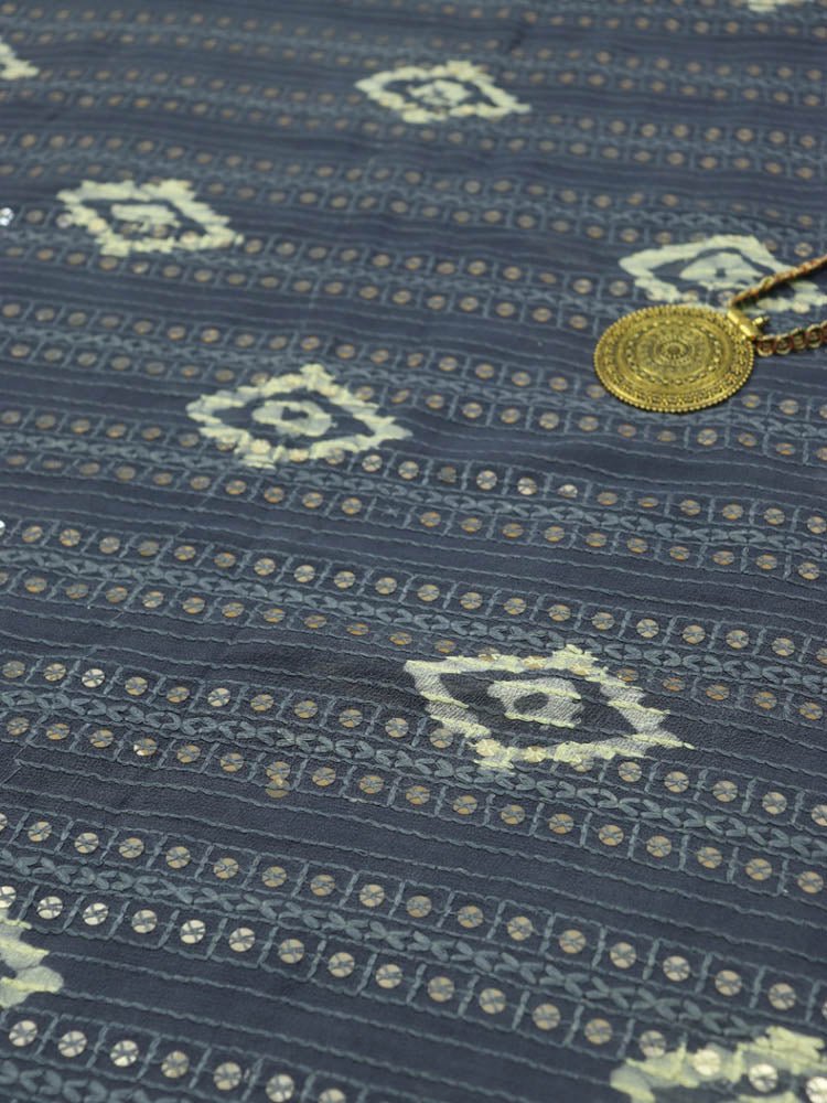 Grey Trendy Sequins Work Batik Printed Georgette Fabric ( 1 Mtr ) - Luxurion World