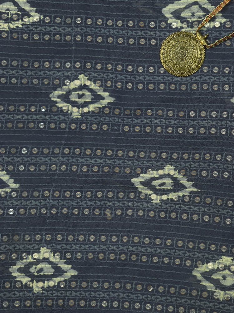 Grey Trendy Sequins Work Batik Printed Georgette Fabric ( 1 Mtr ) - Luxurion World
