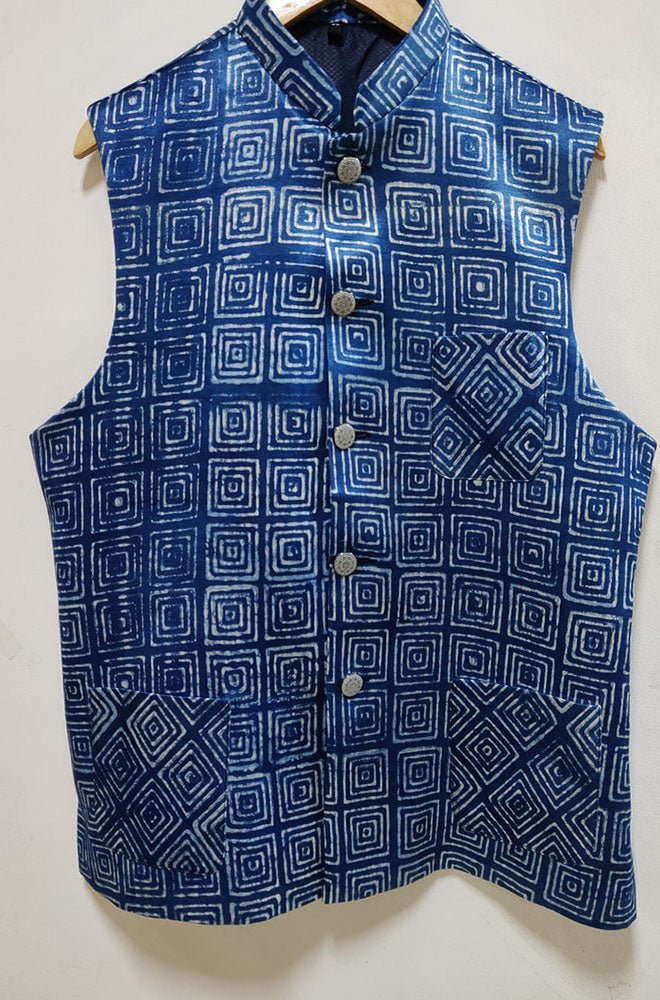 Indigo Mashru Silk Nehru Jacket - Luxurion World