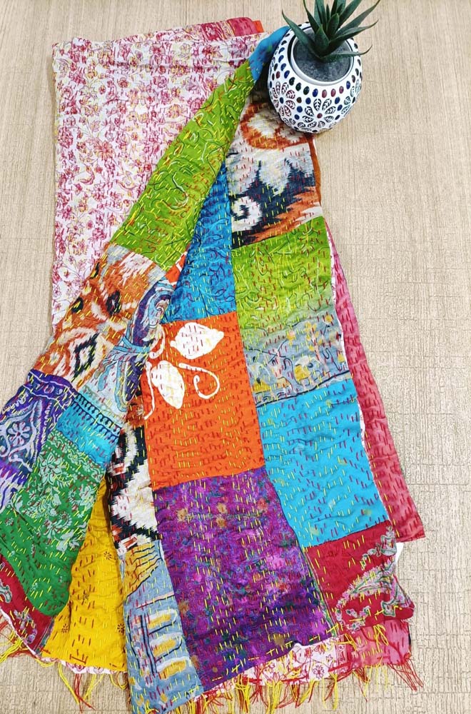 Multicolor Hand Embroidered Kantha Silk Stole - Luxurion World