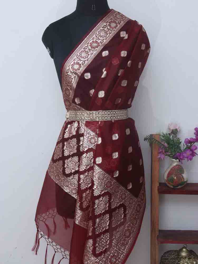 Maroon Banarasi Organza Dupatta - Luxurion World