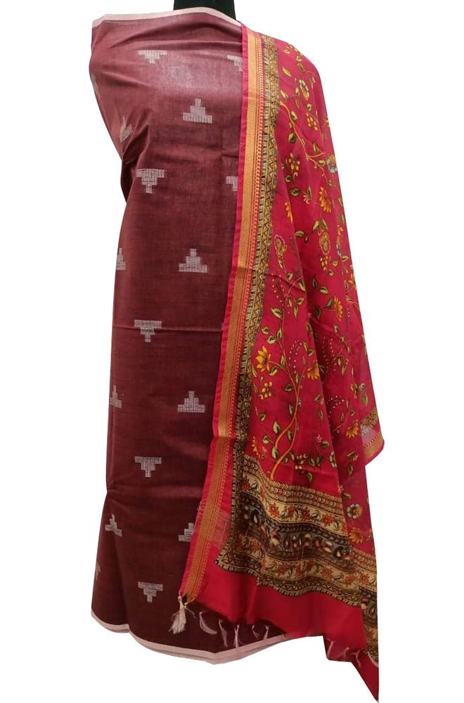 Maroon Bhagalpur Linen Two Piece Unstitched Suit Set With Digital Printed Dupatta - Luxurion World