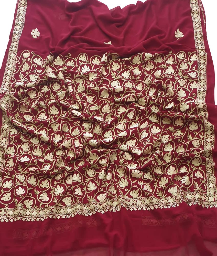 Maroon Embroidered Kashmiri Aari Work Georgette Saree - Luxurion World