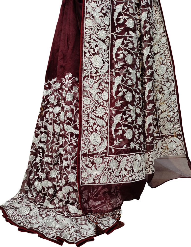 Maroon Embroidered Parsi Gara Organza Bird And Flower Design Saree - Luxurion World