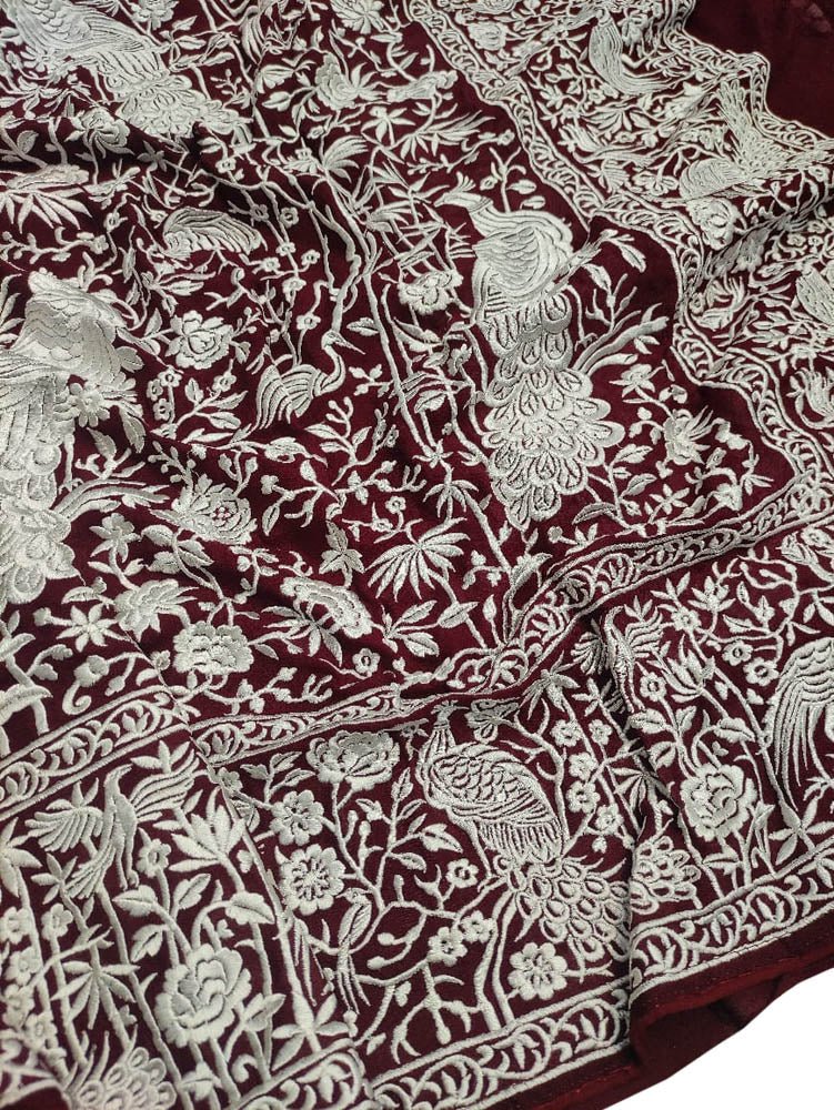 Maroon Embroidered Parsi Gara Pure Georgette Floral And Bird Design Saree - Luxurion World