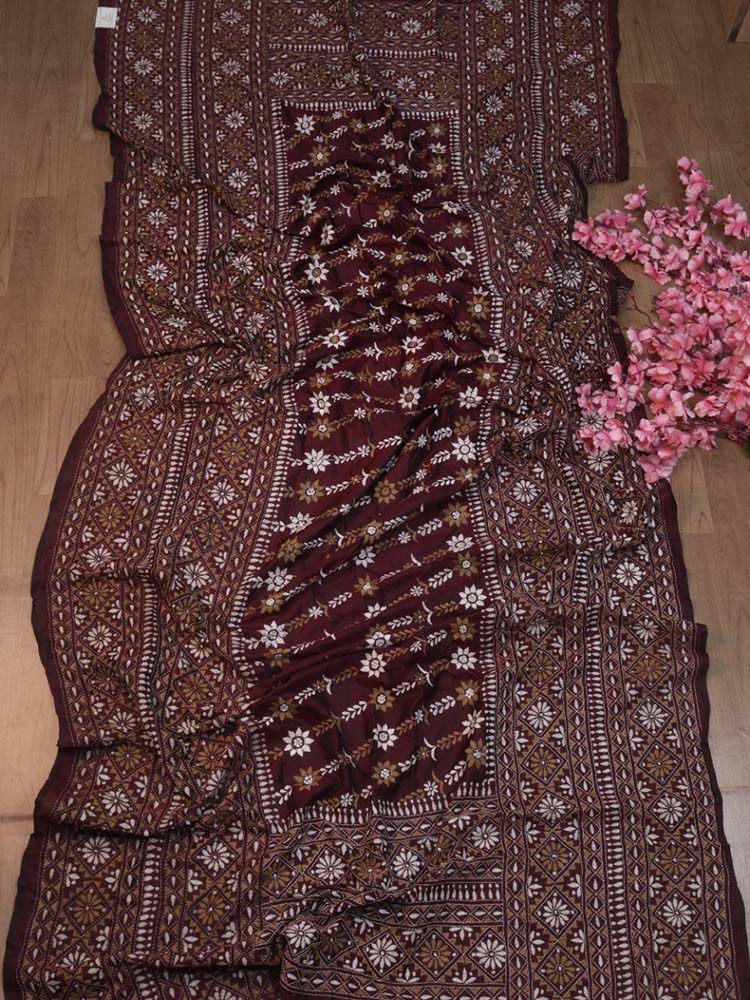 Maroon Hand Embroidered Kantha Bangalore Silk Dupatta - Luxurion World