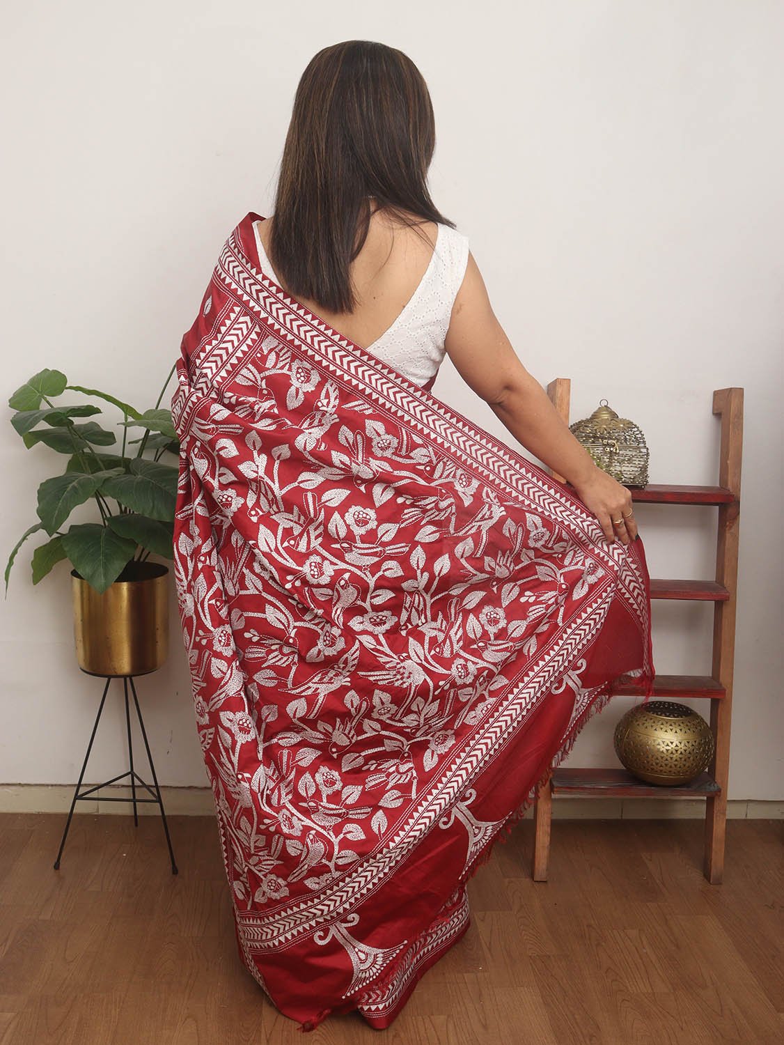 Maroon Hand Embroidered Kantha Pure Bangalore Silk Saree - Luxurion World
