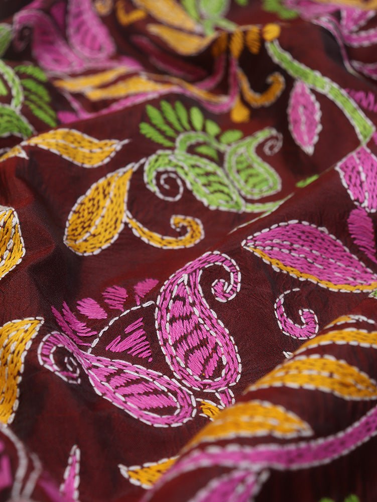 Maroon Hand Embroidered Kantha Silk Fabric ( 1 Mtr ) - Luxurion World