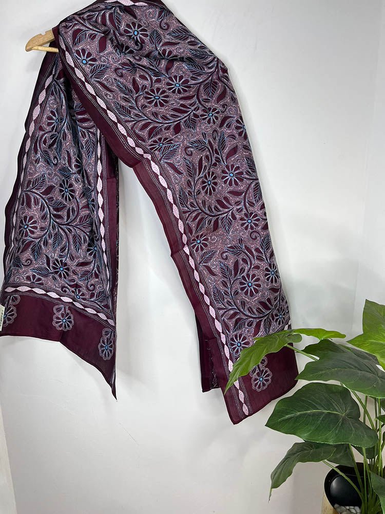Maroon Hand Embroidered Reverse Kantha Pure Bangalore Silk Stole - Luxurion World