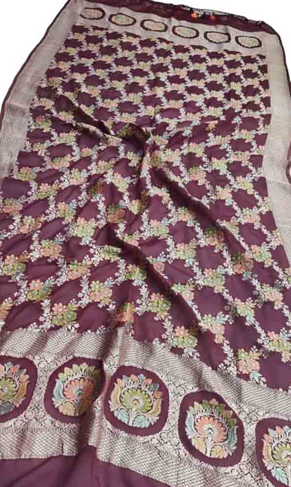 Maroon Handloom Banarasi Brush Dye Pure Georgette Dupatta - Luxurion World
