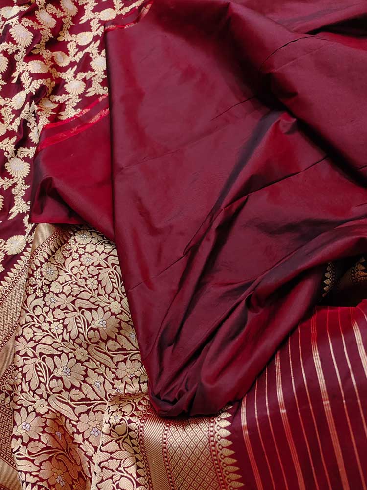 Maroon Handloom Banarasi Pure Katan Silk Sona Roopa Saree - Luxurion World