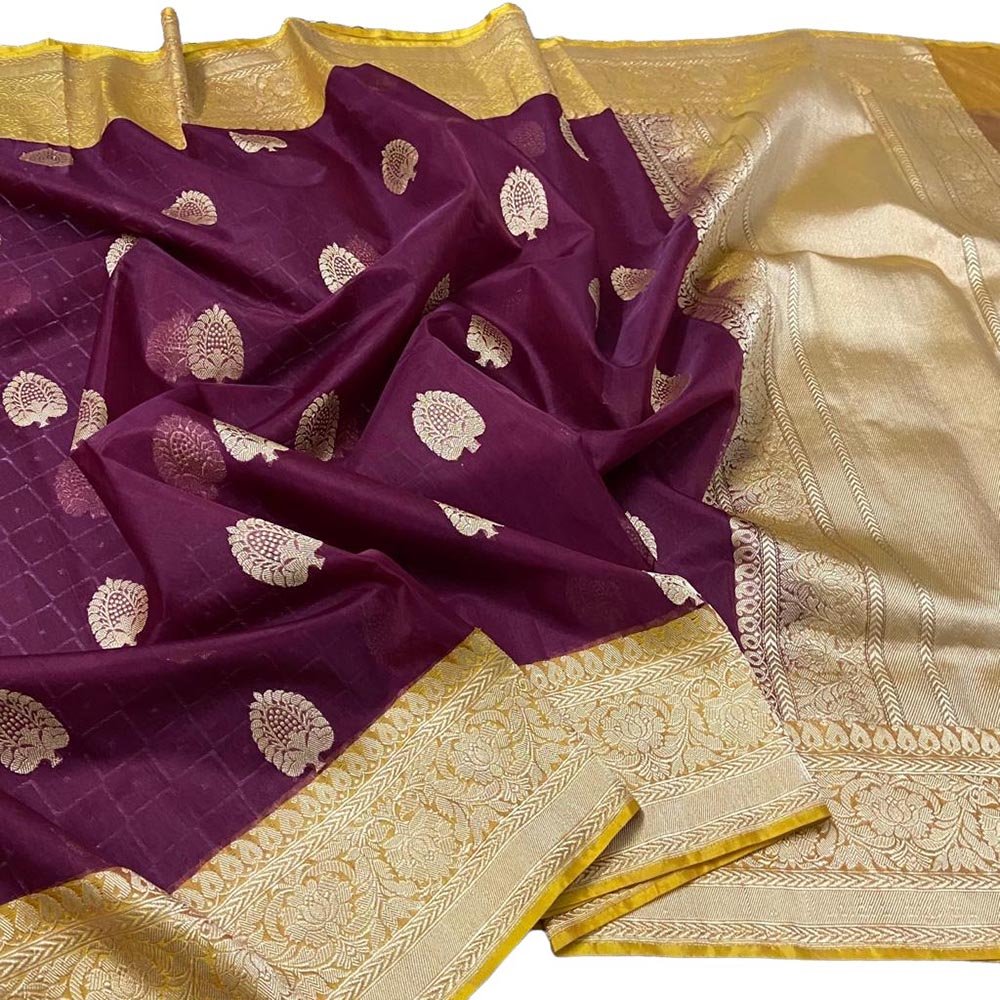 Maroon Handloom Banarasi Pure Kora Silk Saree - Luxurion World