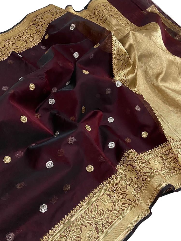 Maroon Handloom Banarasi Pure Kora Silk Sona Roopa Saree - Luxurion World