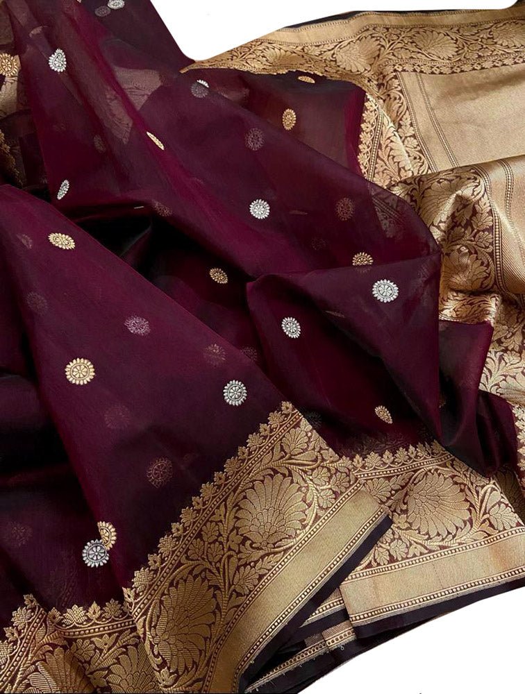 Maroon Handloom Banarasi Pure Kora Silk Sona Roopa Saree - Luxurion World