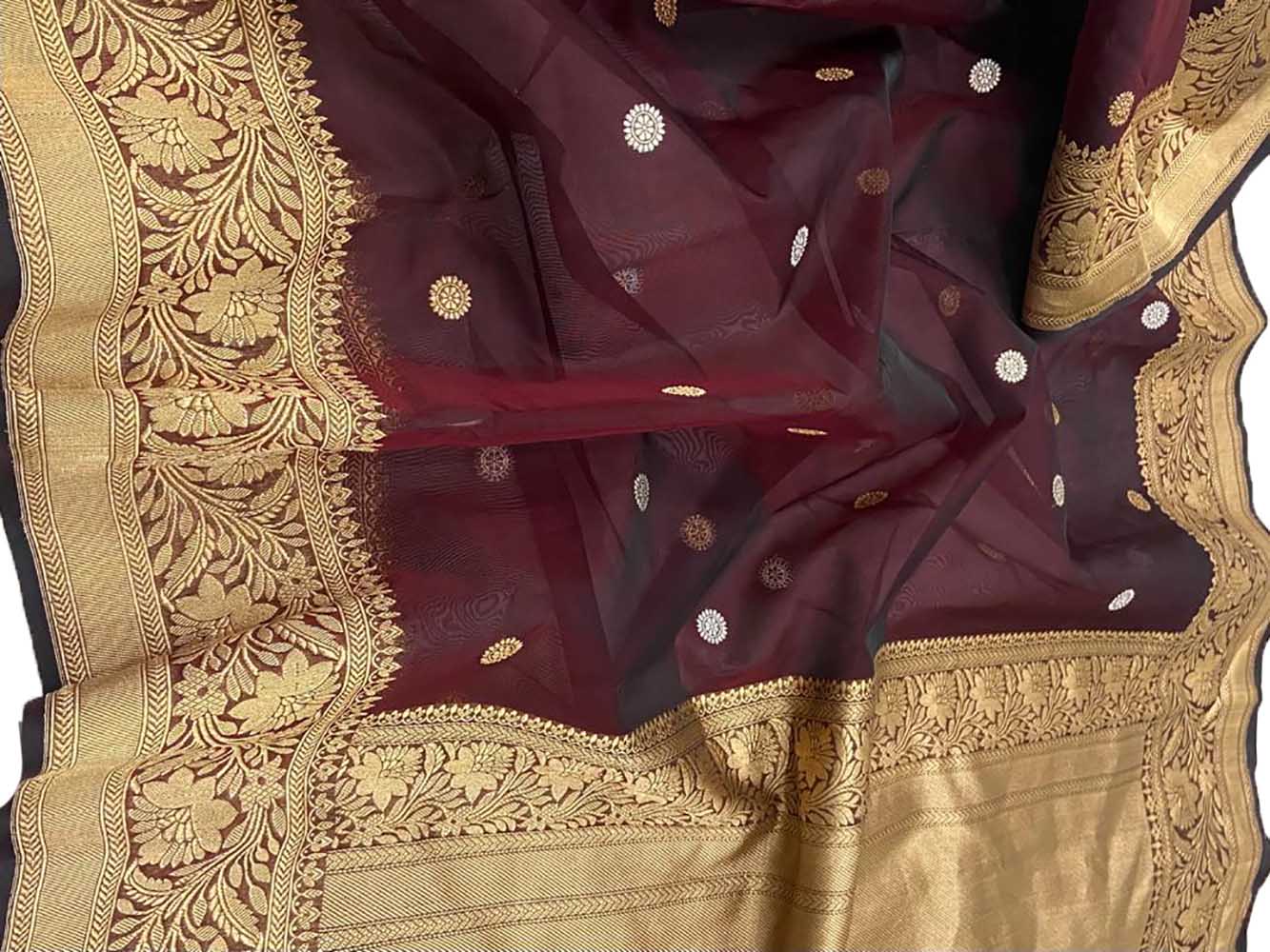 Maroon Handloom Banarasi Pure Kora Silk Sona Roopa Saree - Luxurion World