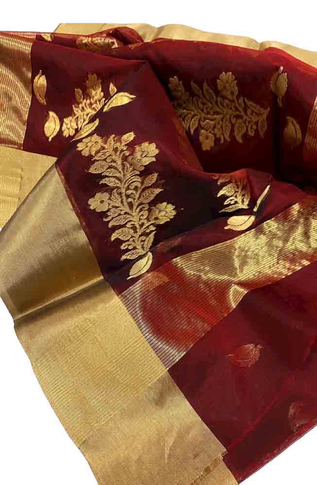 Maroon Handloom Chanderi Pure Katan Organza Silk Saree - Luxurion World