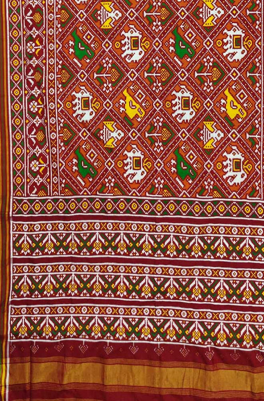Maroon Handloom Double Ikat Patan Patola Pure Silk Saree - Luxurion World