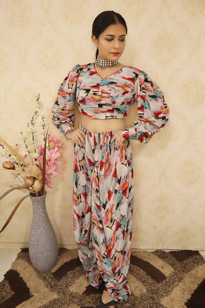 Multicolor Digital Print Crepe Crop Top with Cawl Drape Pant - Luxurion World