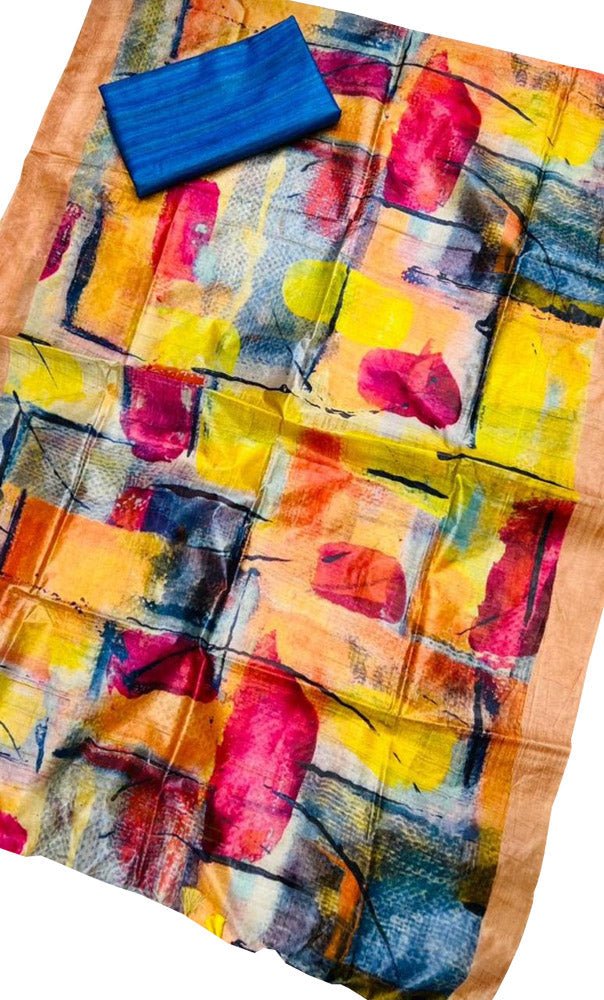 Multicolor Digital Printed Tussar Silk Two Piece Unstitched Suit Set - Luxurion World